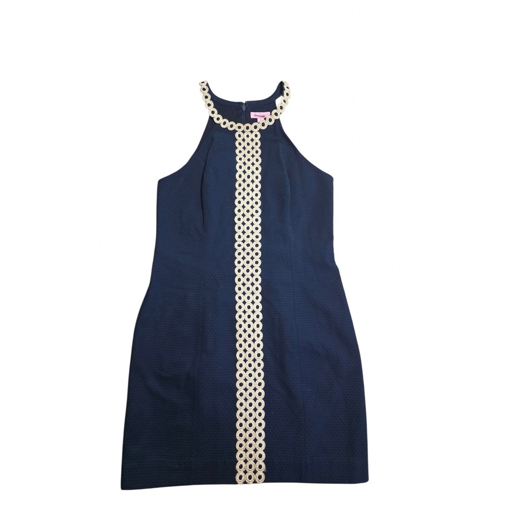 Lilly Pulitzer Navy Blue Gold Soutache Trim Halter Shift Dress Size 4